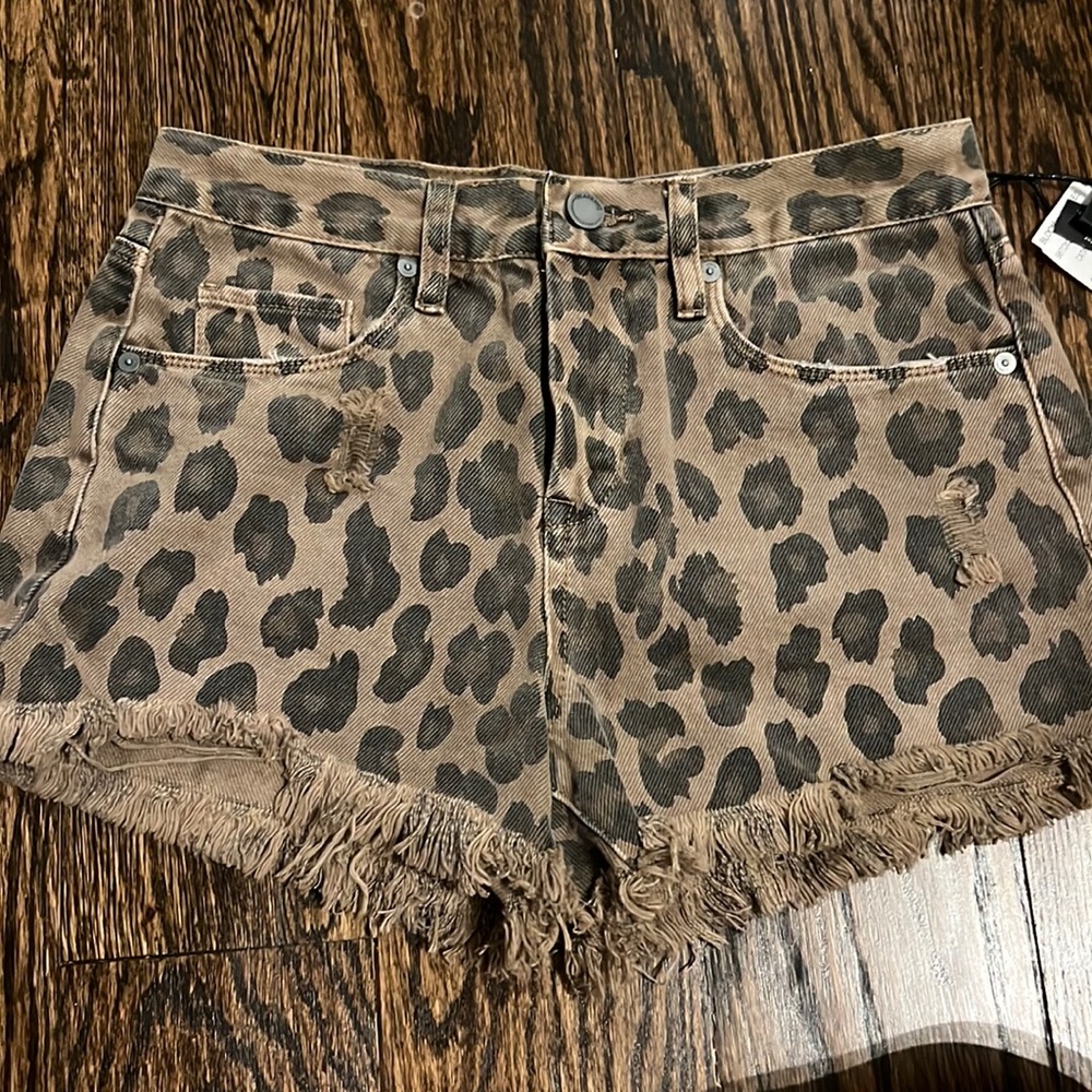 Blank NYC Leopard Print Distressed Jean Shorts in Brown and Black